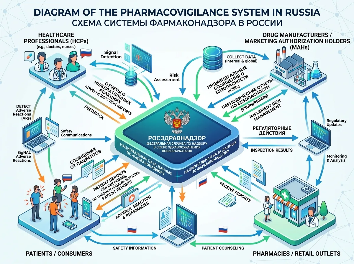 Схема системы фармаконадзора в России: Росздравнадзор, производители, аптеки и пациенты обмениваются данными о нежелательных реакциях