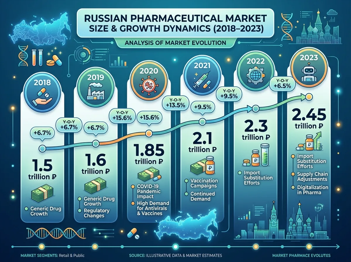 Инфографика: объём фармацевтического рынка России по годам, динамика роста 2018–2023